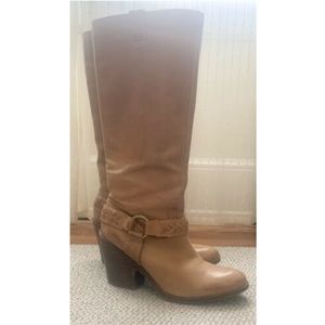 Lucky Brand Women’s Ethelda Boots Tan Leather Harness Western Tall Knee High 9.5